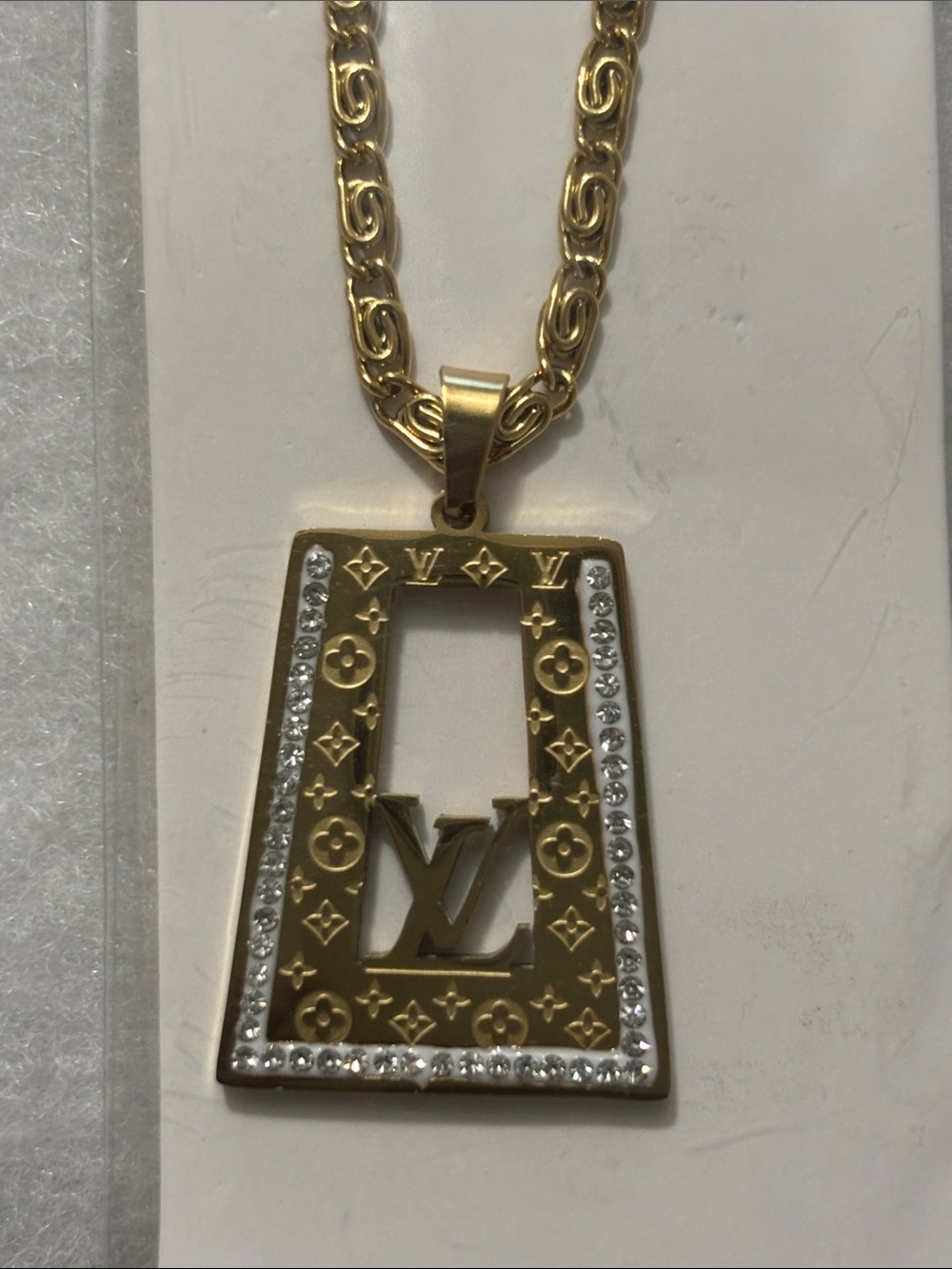 LV Gold-tone Monogram Diamond Trapezoid Pendant Necklace